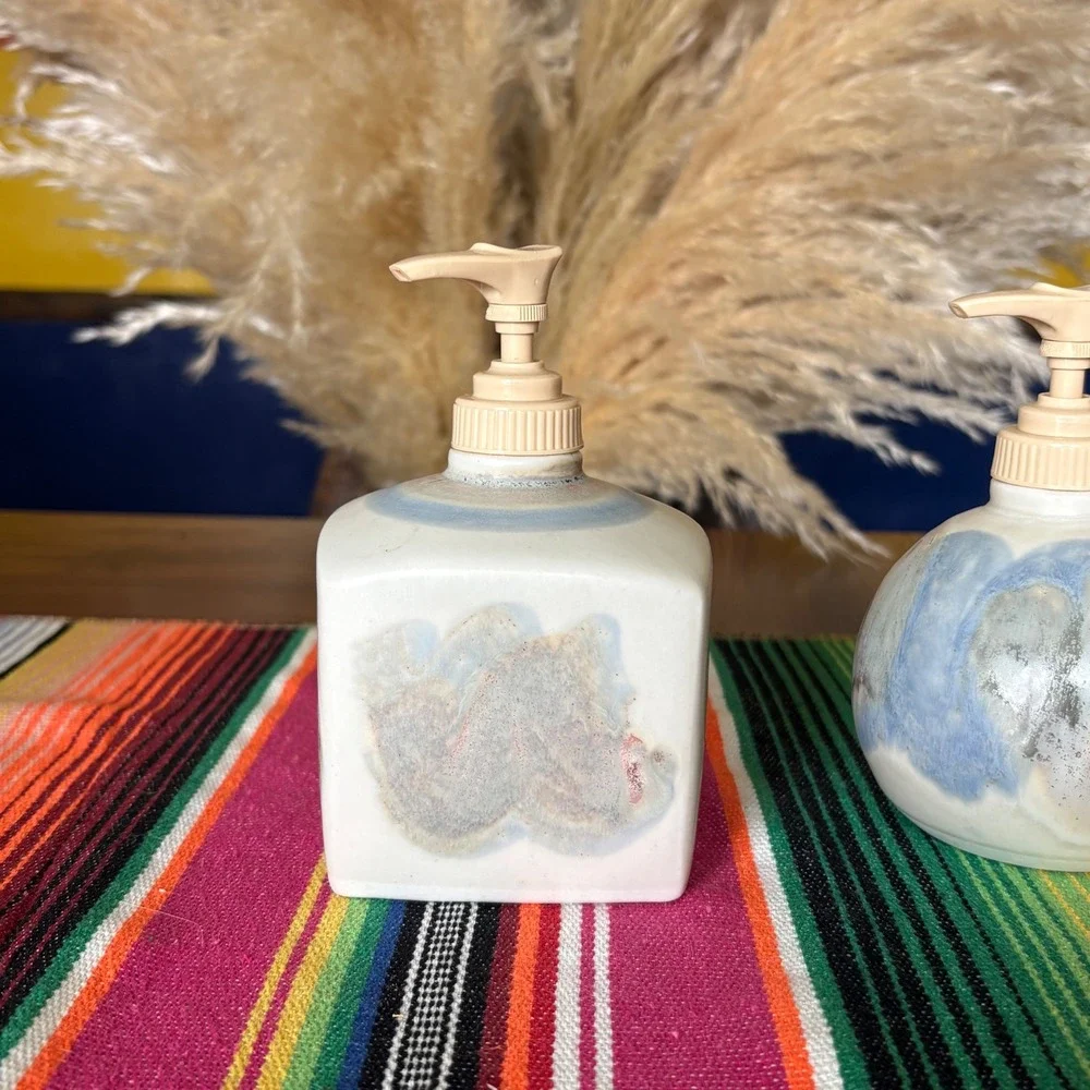 Handmade Studio Pottery Soap Dispenser Set Drip Glaze Stoneware Boho Decor 2pc